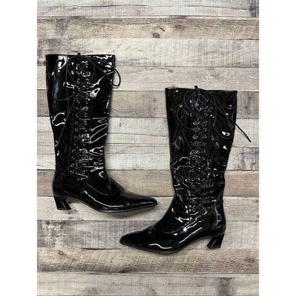 Elegastep Black Patent Wide Calf Knee High Zip Up Laced Boots Size 9 (EU 41) - Picture 1 of 8